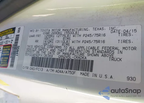 2015 Toyota Tacoma Base V6 z USA, uszkodzony, nr VIN 5TFUU4EN0FX136369